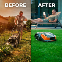 28-Volt 8 In. Cutting Width Robot Lawn Mower Revola X4E Mower, Brushless Wheel Motors, Cloudhawk App and Wifi Control — Before & After