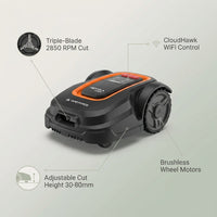 28-Volt 8 In. Cutting Width Robot Lawn Mower Revola X4E Mower, Brushless Wheel Motors, Cloudhawk App and Wifi Control — infographic