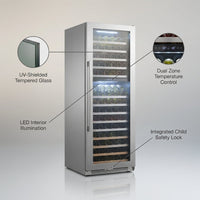 Dual Zone Wine Cooler Built for Serious Collectors, 153 Bottle Capacity, LED Interior Light, UV Protection — infographic