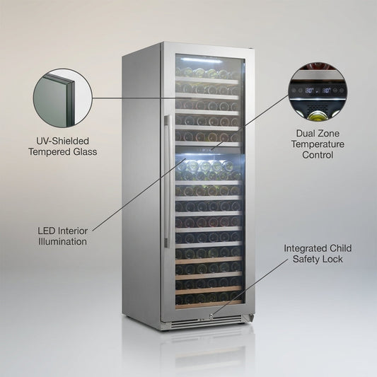 Dual Zone Wine Cooler Built for Serious Collectors, 153 Bottle Capacity, LED Interior Light, UV Protection — infographic
