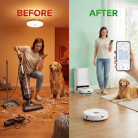 Robot Vacuum and Mop Built for Pet Hair Removal, 12000Pa Suction, Smart Navigation, 7-Week Auto-Empty — Before & After