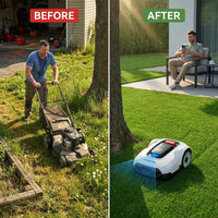 Yuka Mini 7.5 In. Robot Lawn Mower (1/4 Acre) Adjustable Cutting Height (2 In. - 3.5 In.), All Terrain, AI Vision — Before & After
