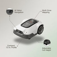 Yuka Mini 7.5 In. Robot Lawn Mower (1/4 Acre) Adjustable Cutting Height (2 In. - 3.5 In.), All Terrain, AI Vision — infographic